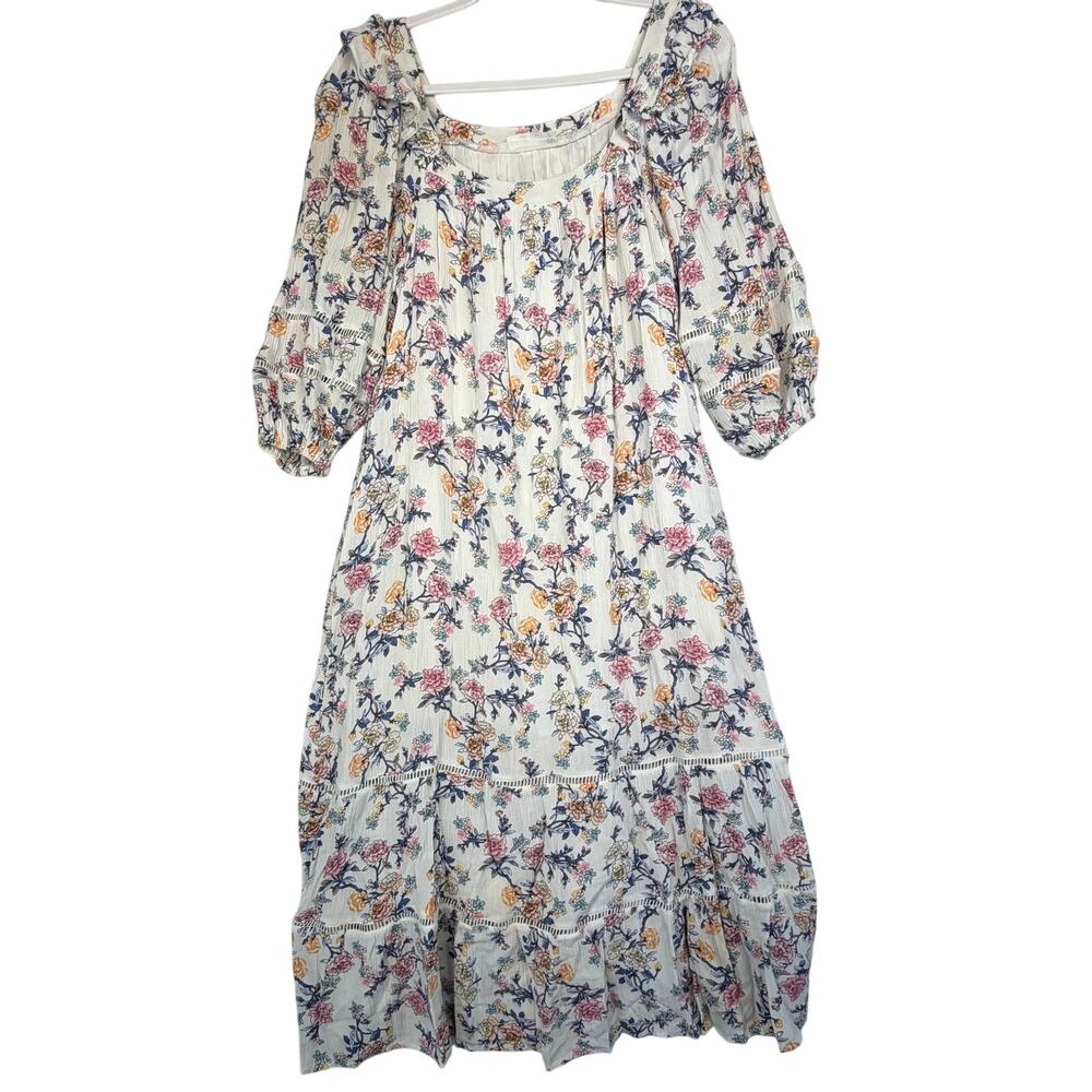 Calista Floral Tiered Peasant Boho Maxi Dress Womens Size S Cream White Lace